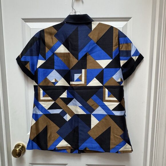J.CREW COLLECTION Wool-silk cubist Size 10 geometric print blue top Jenna Lyons - Picture 3 of 9